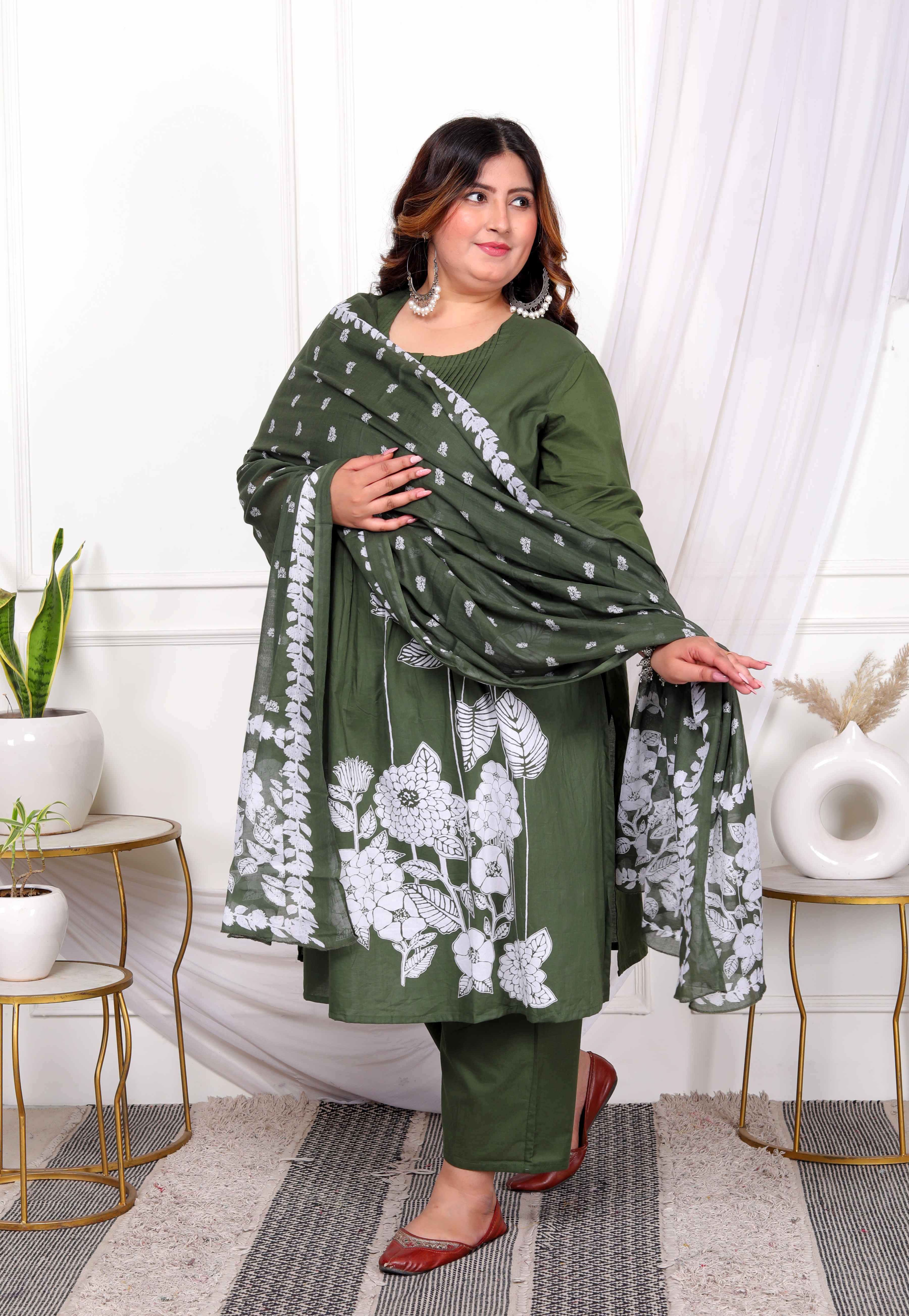Mehandi Floral Pintuck Cotton Kurta Palazzo with Dupatta Set